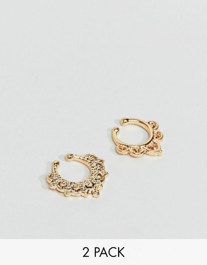 Asos Design Pack Of 2 Ornate Cut Out Faux Nose Rings - Gold