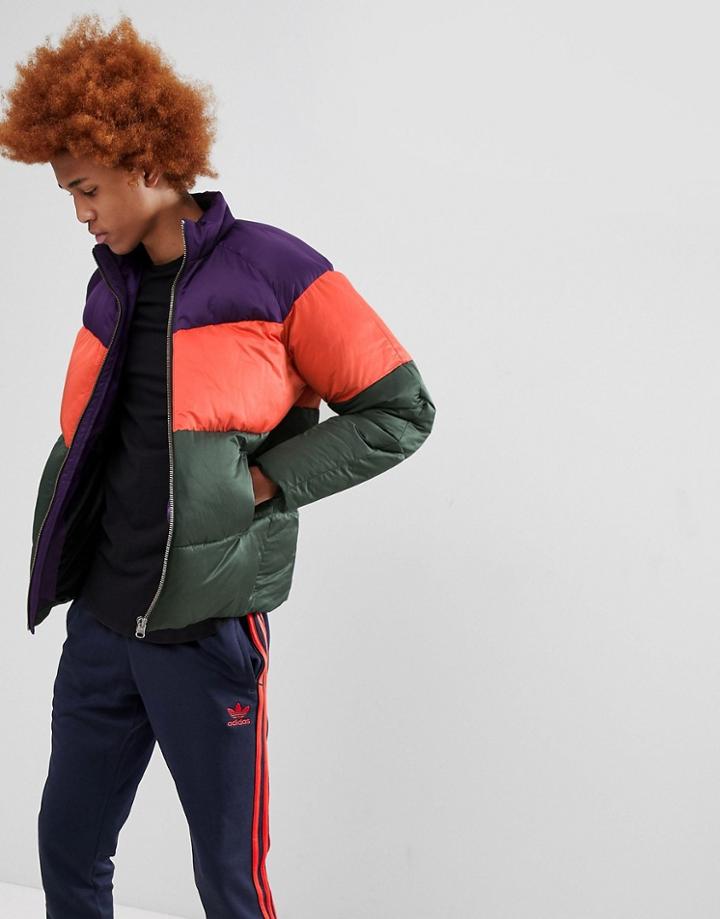 Asos Puffer Jacket In Color Block - Purple