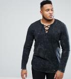 Asos Plus Longline Long Sleeve T-shirt In Subtle Acid Wash With Lace Up Neck In Black - Black
