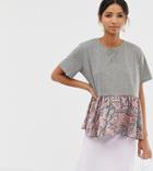 Ghospell Oversized T-shirt With Paisley Print Peplum Hem - Gray