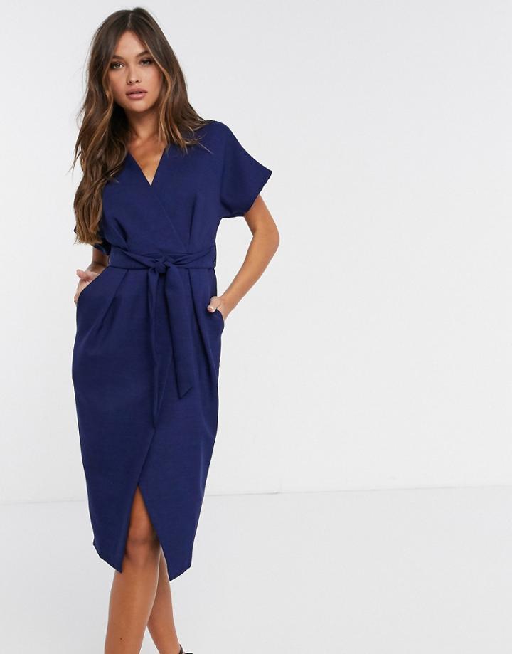 Closet London Wrap Tie Midi Dress In Navy