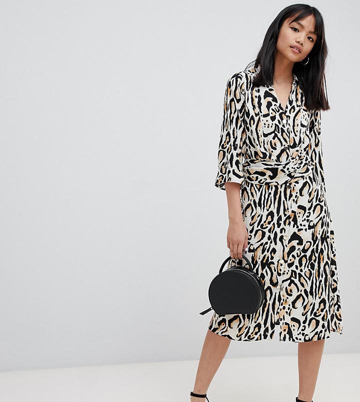 River Island Petite Wrap Shirt Dress In Leopard - Multi