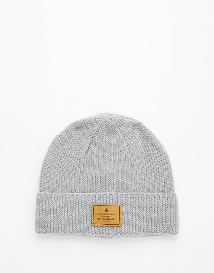 Asos Stitch Detail Beanie With Patch In Gray - Gray