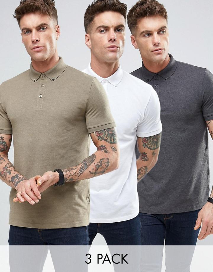 Asos 3 Pack Polo Shirt In Beige/white/washed Black With Button Down Collar Save - Multi