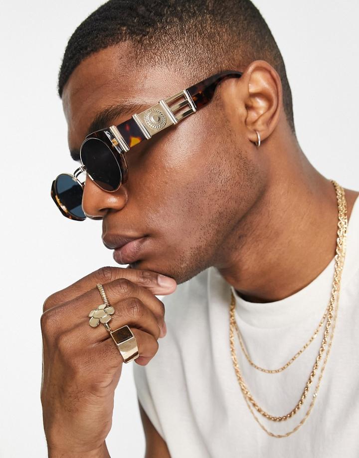 Asos Design Oval Sunglasses In Tortoiseshell And Gold With Smoke Lens