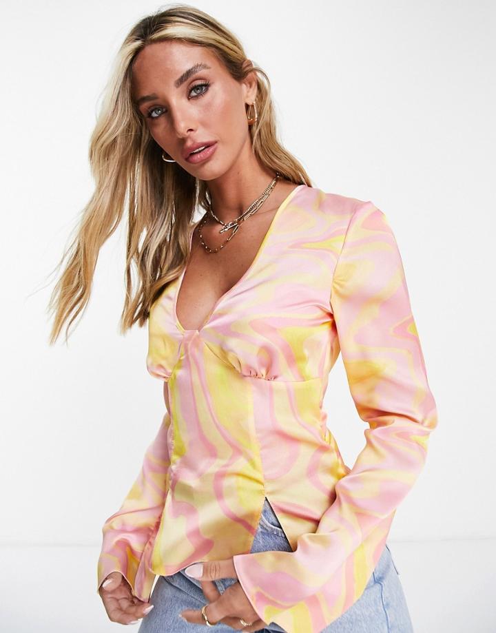 Asos Design V Neck Satin Long Sleeve Blouse In Abstract Pink & Yellow Print-multi