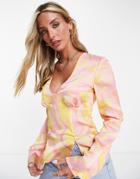 Asos Design V Neck Satin Long Sleeve Blouse In Abstract Pink & Yellow Print-multi