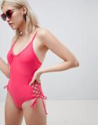 Pieces Swimsuit With Laced Sides - Pink