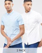 Asos Skinny Oxford Shirt Twin Pack In White And Blue With Short Sleeves