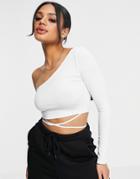 Asos Design One Shoulder Long Sleeve Top With Multi Ties In White