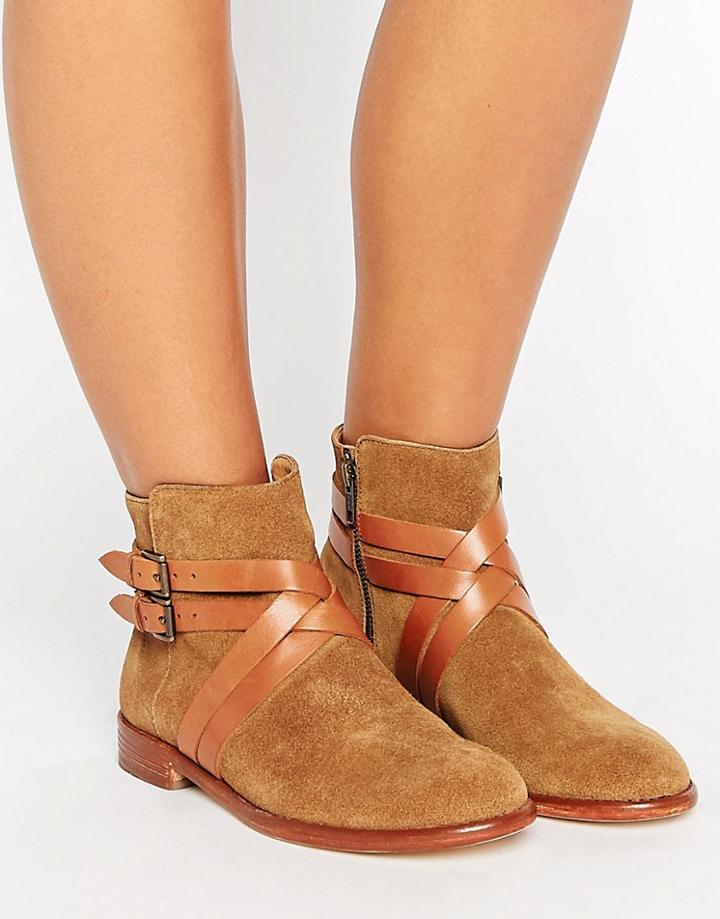 Hudson London Atlas Suede Strap Flat Ankle Boots - Tan