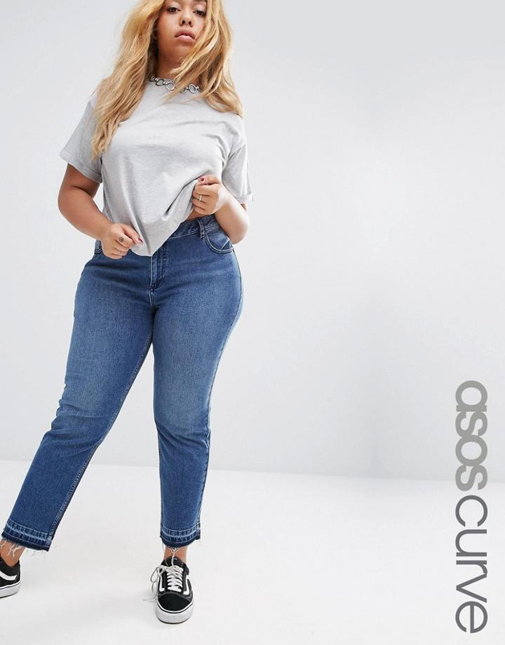 Asos Curve Kimmi Shrunken Boyfriend Jean In Midwash With Let Down Hem - Blue