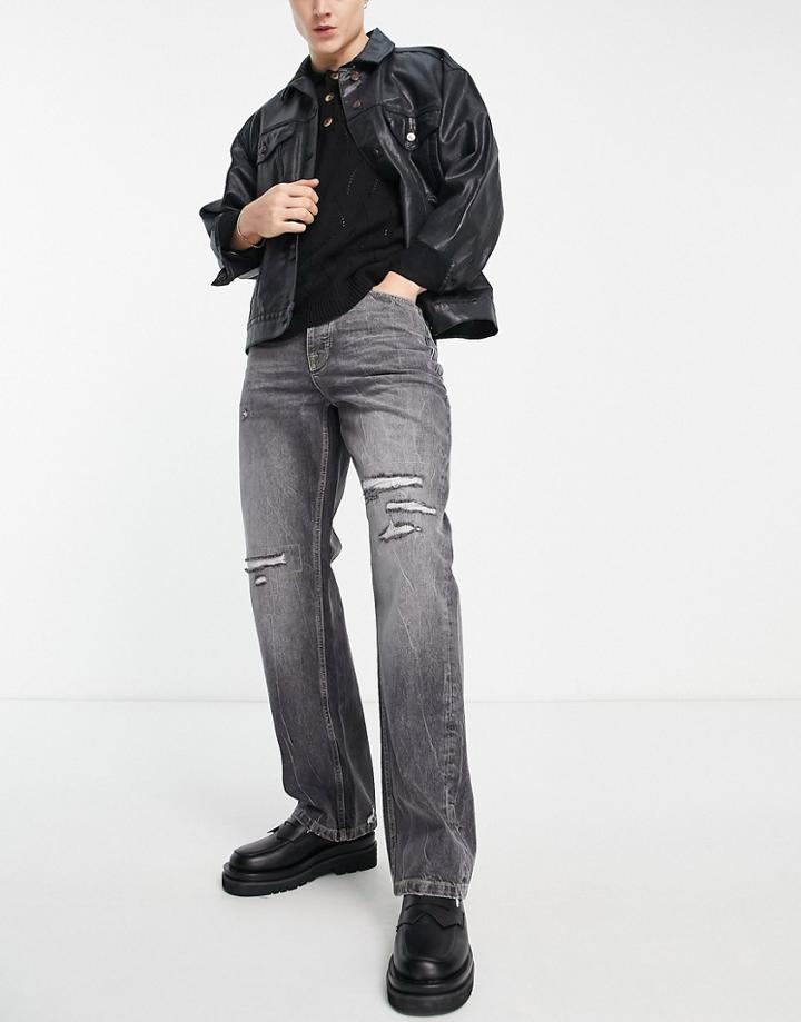 Topman Rip N Repair Baggy Jeans In Washed Black