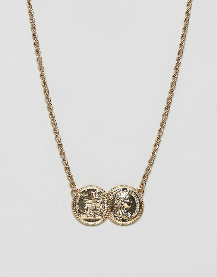 Asos Design Vintage Style Necklace With Double Coin In Gold Tone - Gold