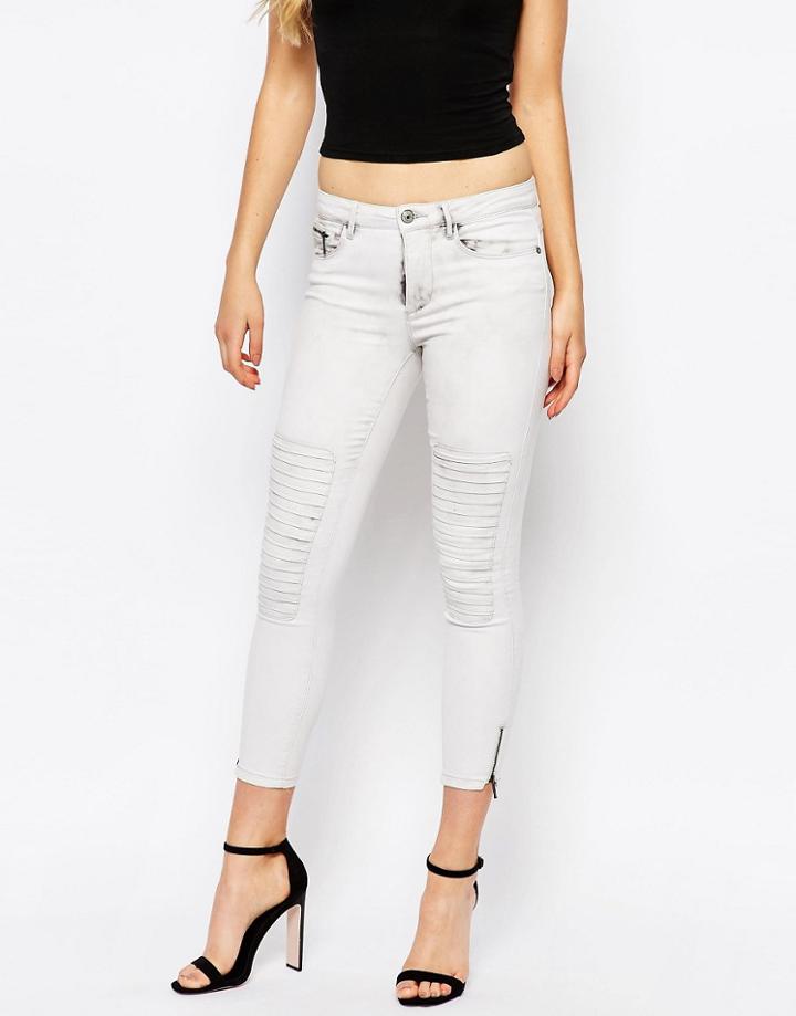 Only Royal Zip Ankle Moto Jeans In Acid Wash - Denim Gray