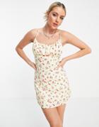 Bershka Satin Floral Print Dress In Lemon With Lace Up Back-yellow