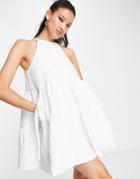 Asos Design Jacquard Halter Neck Swing Tiered Mini Dress With Bellow Pockets In White