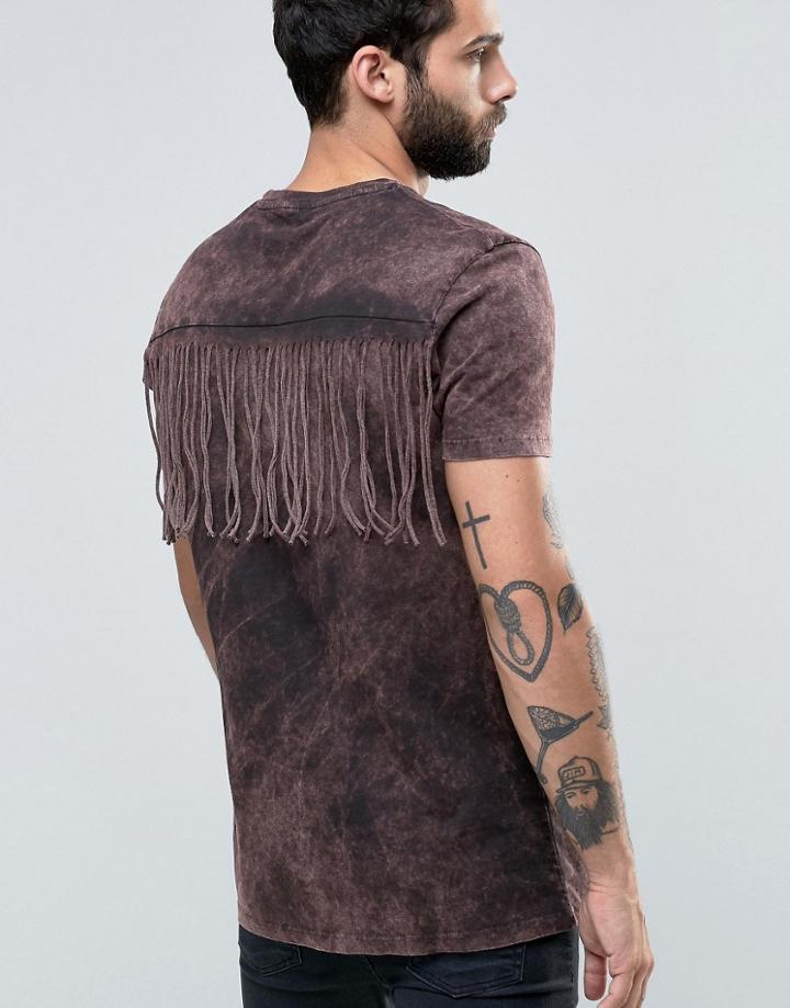 Asos Longline T-shirt With Fringe Back In Acid Wash Rust - Acid Chestnut