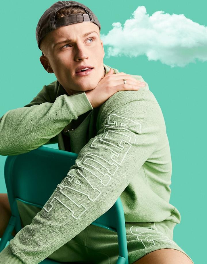 Asos Actual Relaxed Sweatshirt In Reverse Loopback With Logo Arm Print In Green - Part Of A Set
