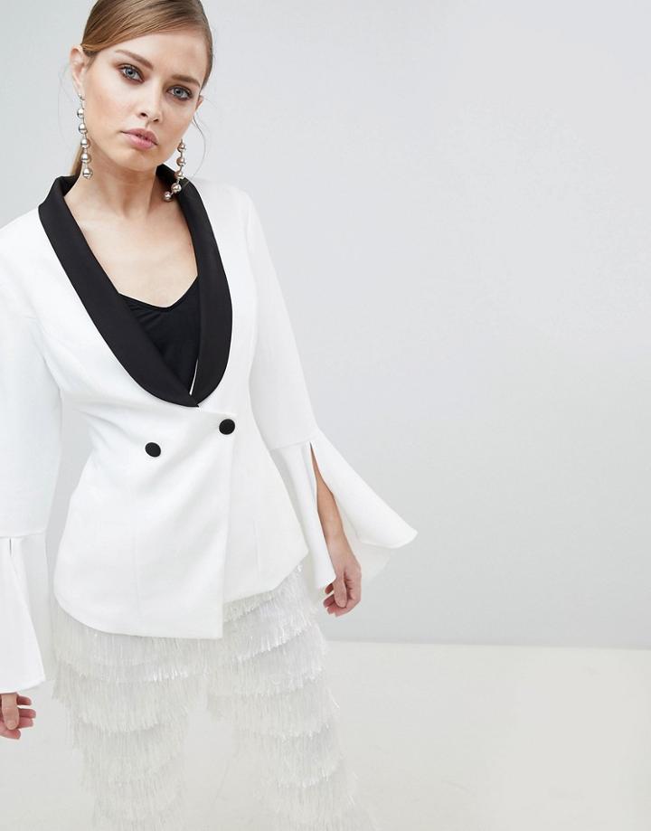 Lavish Alice Monochrome Frill Sleeve Fitted Blazer - White