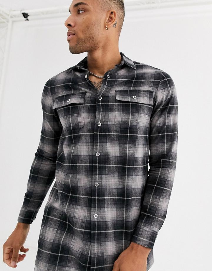 Asos Design Oversized Longline Check Shirt In Gray
