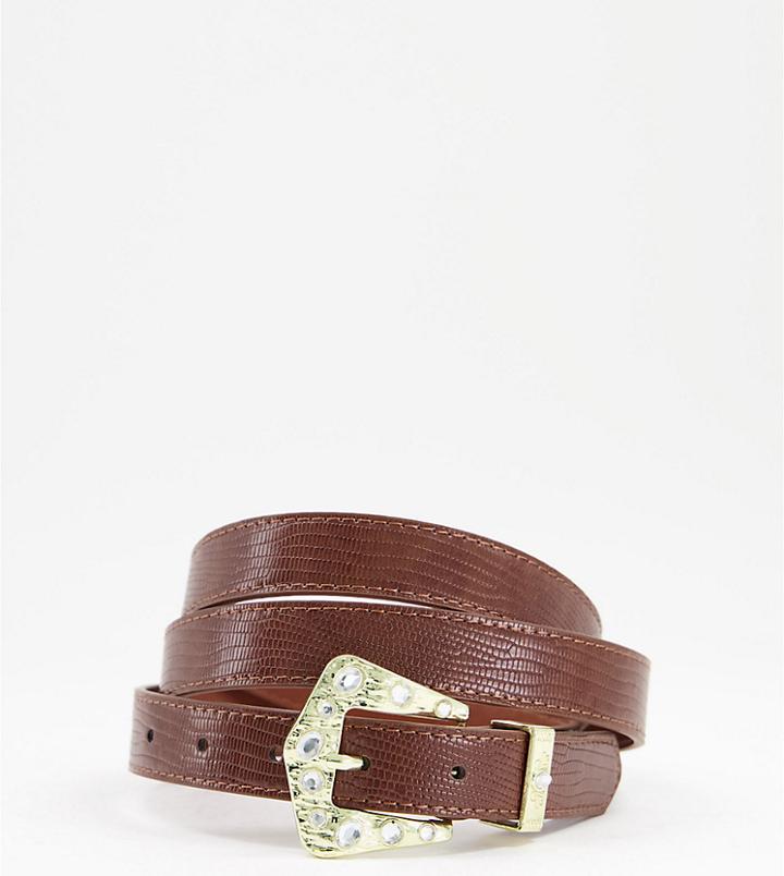 Asos Design Curve Waist And Hip Jeans Belt With Embellished Buckle In Brown