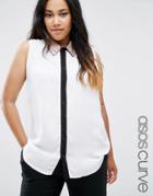 Asos Curve Sleeveless Blouse With Embellished Collar And Contrast Placket - White