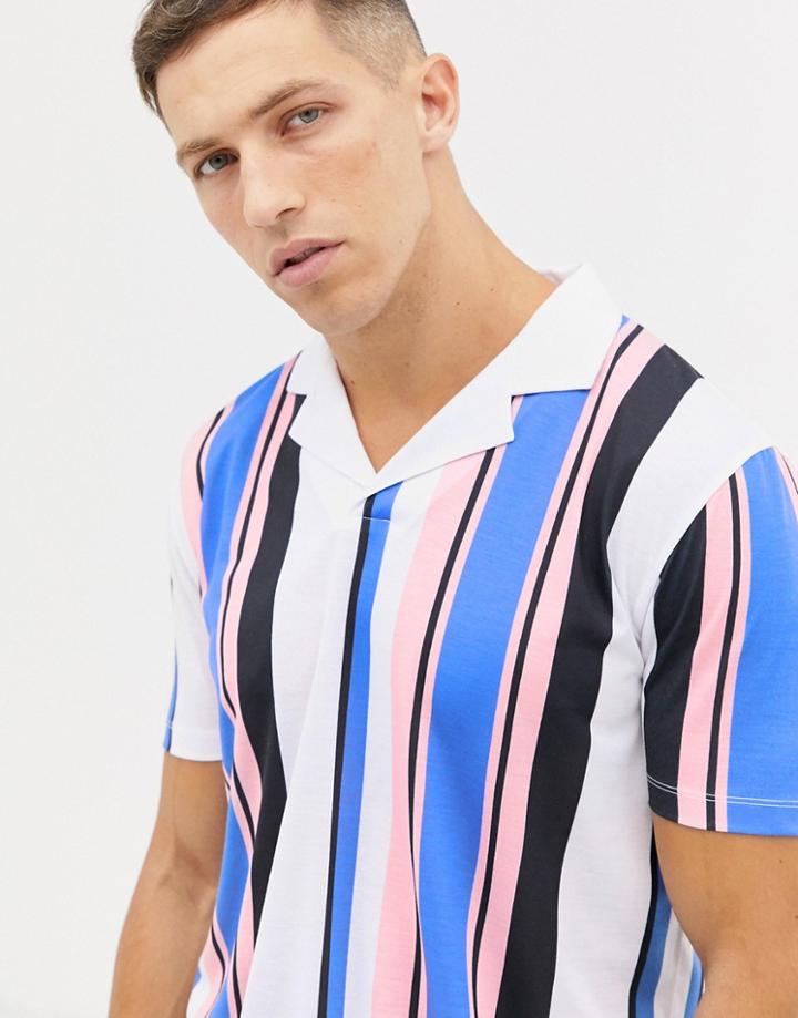 Asos Design Polo With Vertical Stripe And Revere Collar - White