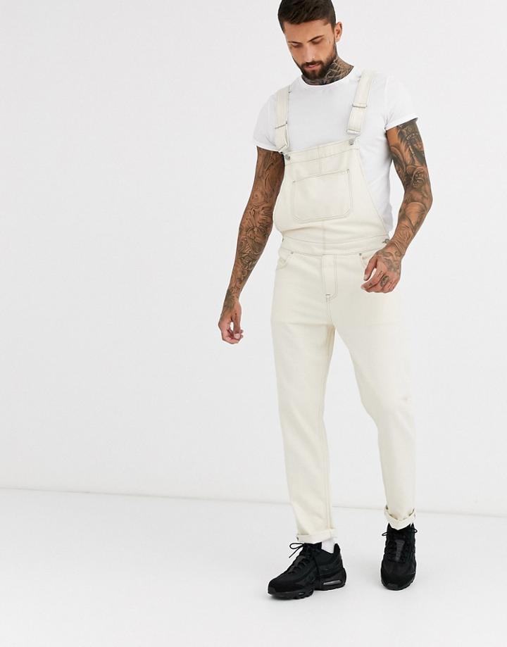 Asos Design Denim Overalls In Ecru With Contrast Stitching