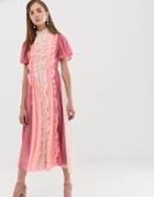 Sister Jane Midi Dress With Ruffles In Color Block - Pink