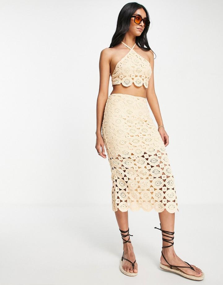 Asos Design Crochet Midi Skirt In Apricot - Part Of A Set-orange