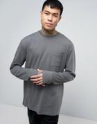 Asos Longline Long Sleeve T-shirt With Pocket In Charcoal Marl - Gray