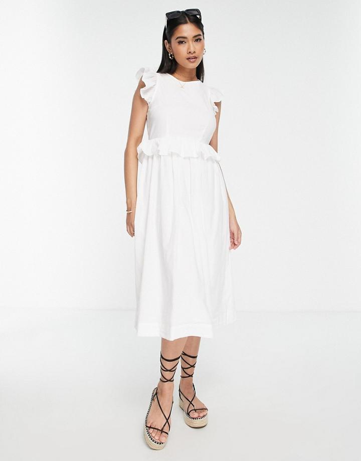 Vero Moda Midi Open Tie Back Dress With Frill Detail In White