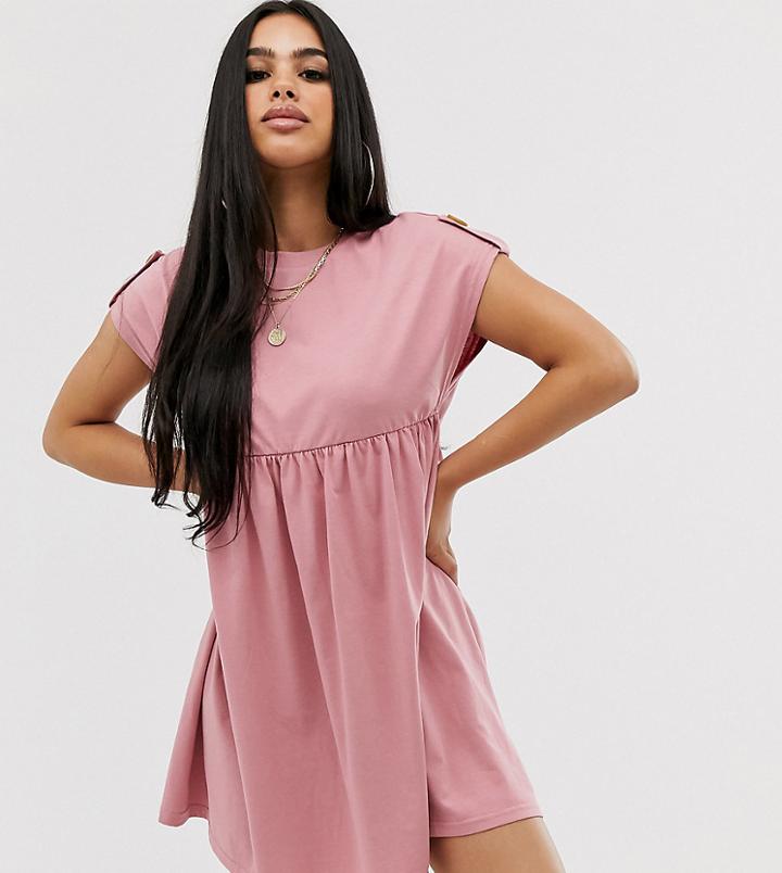 Asos Design Petite Button Sleeve Mini Smock Dress - Pink