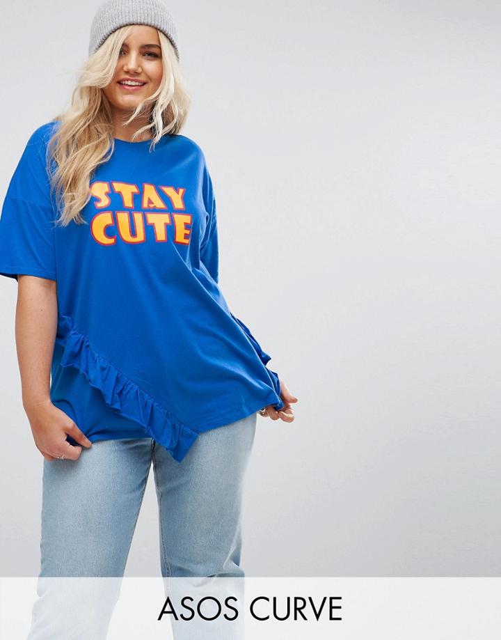 Asos Curve T-shirt With Frill Detail And Stay Cute Print - Multi