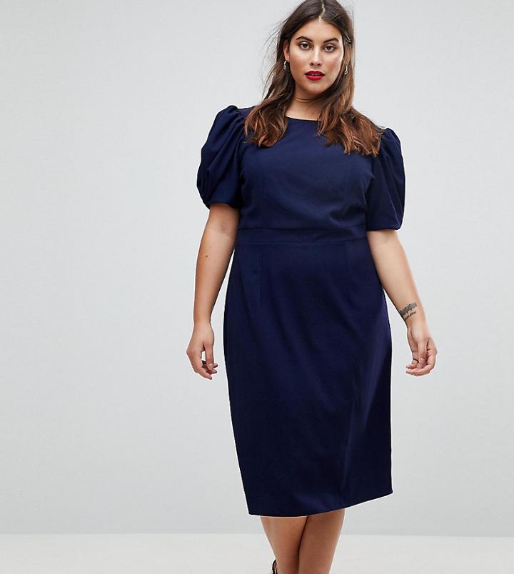 Asos Design Curve Midi Pencil Dress - Navy