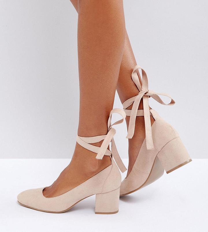 London Rebel Wide Fit Tie Ankle Kitten Heel Shoes - Beige