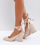 London Rebel Wide Fit Tie Ankle Kitten Heel Shoes - Beige