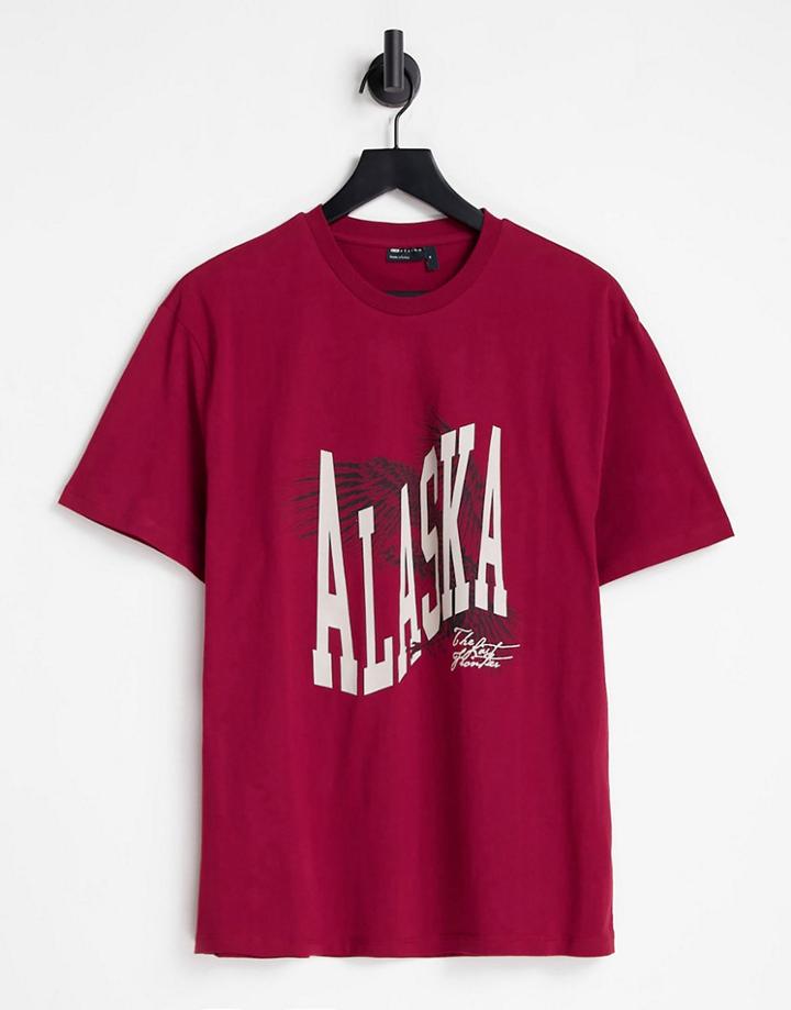 Asos Design Relaxed T-shirt In Dark Red With Alaska Varsity Front Print