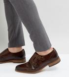 Asos Wide Fit Monk Shoes In Brown Leather With Brogue Detail - Brown