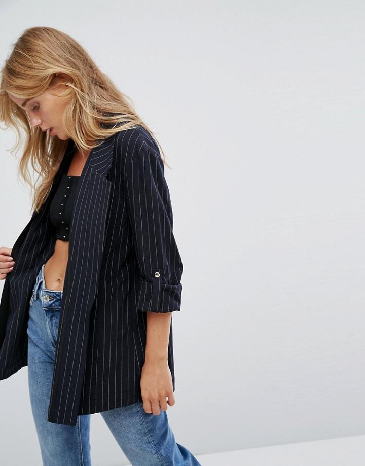 Bershka Pin Stripe Tailored Blazer - Navy
