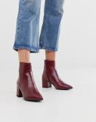 New Look Pointed Block Heeled Boots In Dark Red Croc