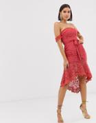 Love Triangle Cold Shoulder Midi Lace Dress With Dip Hem In Brick Red