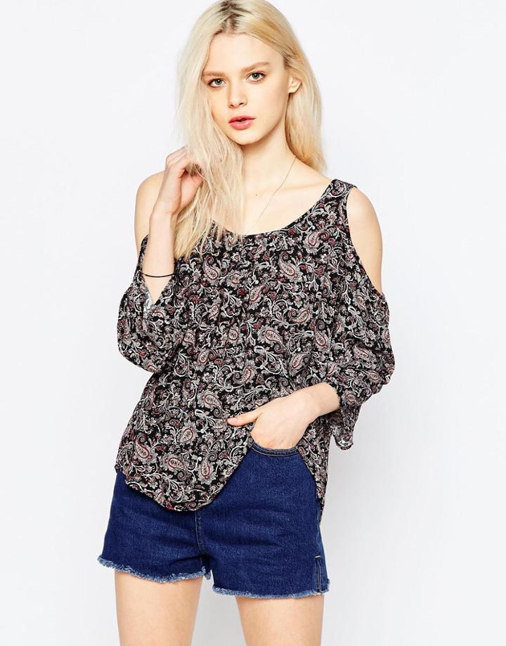 Brave Soul Cold Shoulder Paisley Print Top - Pink Combo