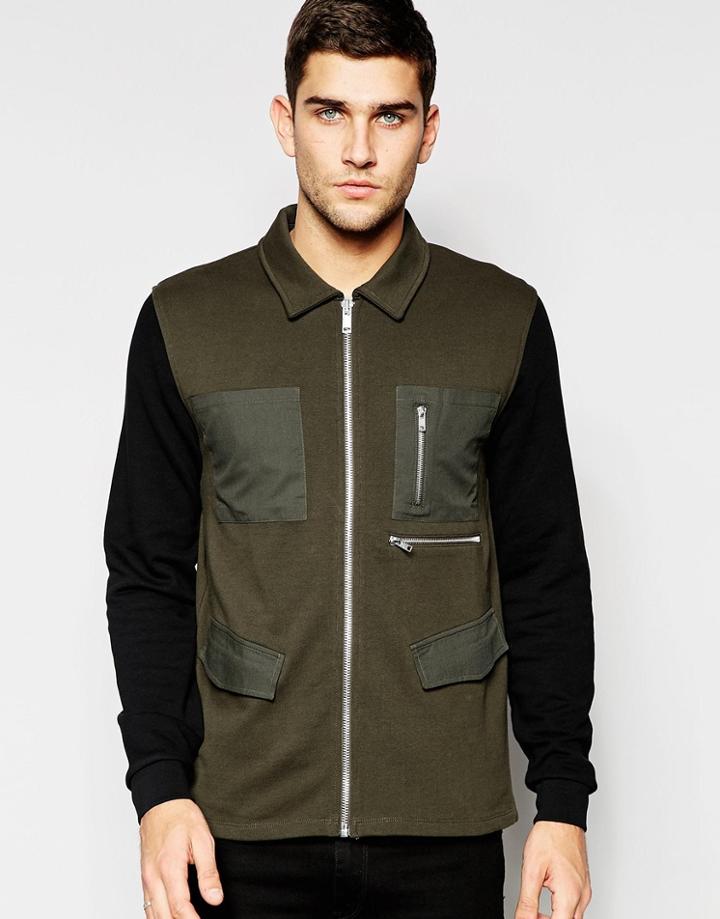 Asos Military Jersey Jacket With Woven Pockets In Khaki - Khaki