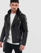 River Island Faux Leather Biker Jacket With Hood In Black - Black