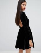 Boohoo Velvet Open Back Skater Dress - Black