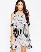 Style London Cold Shoulder Dress In Floral Stripe Print - Black