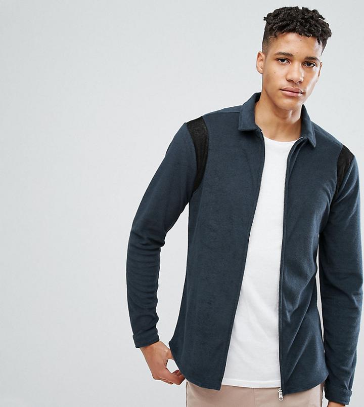 Asos Tall Regular Fit Zip Through Towelling Shirt In Navy - Navy