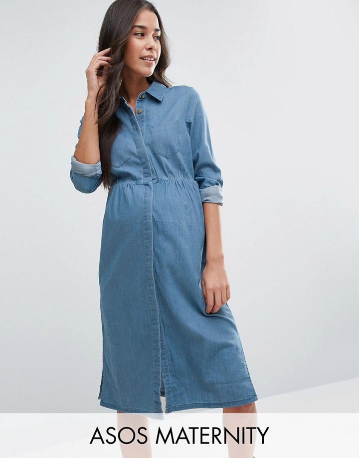 Asos Maternity Denim Mini Shirt Dress In Mid Wash Blue - Blue
